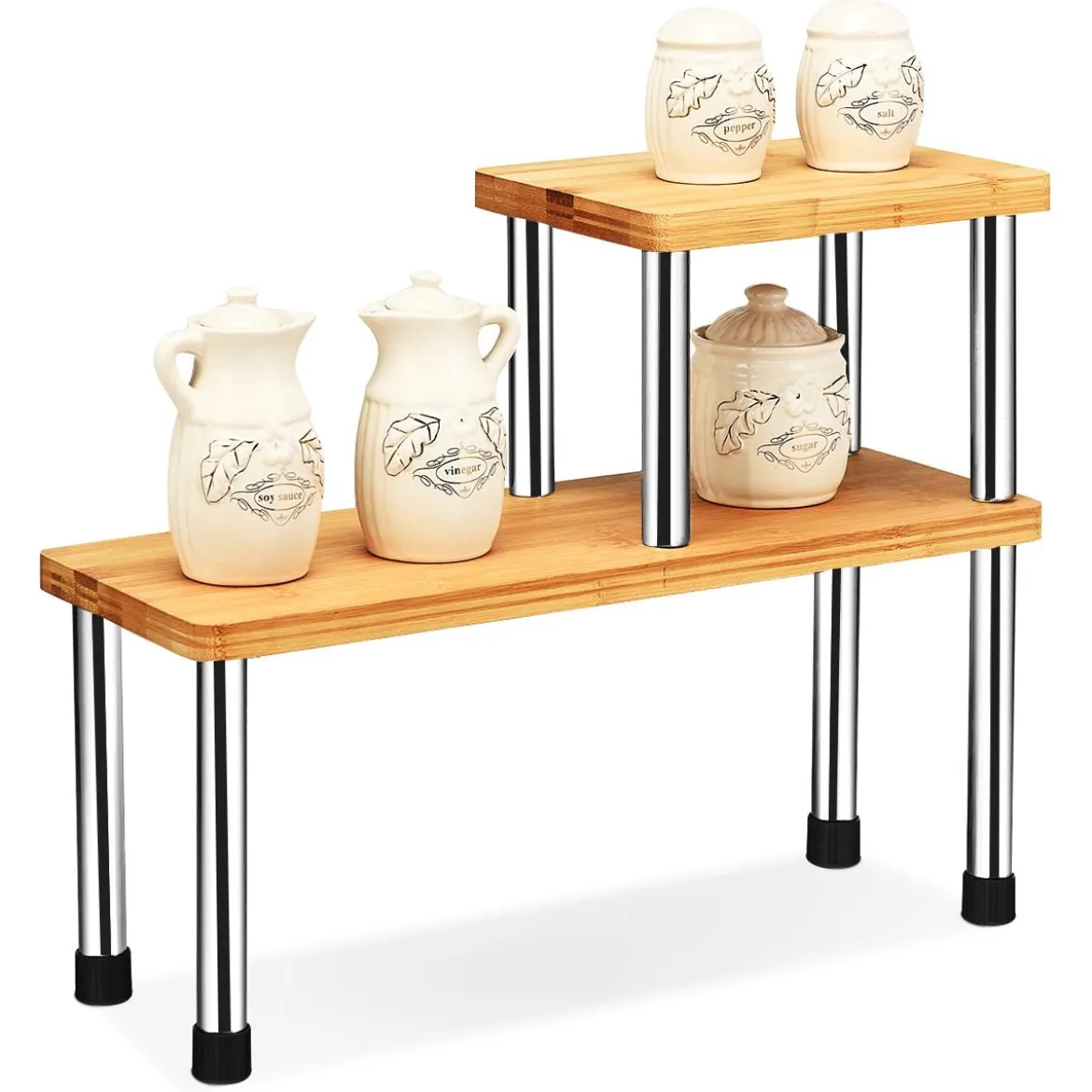 2er Set Küchen Eckregal 2-Ebenen Lagerregal Gewürzregal aus Bambus 45 x 16 x 35 cm Natur + Silber