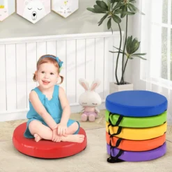 6er Set Kinder Rund Sitzkissen Bodenkissen mit Griff & Reißverschluss Stuhlkissen 35 x 35 cm