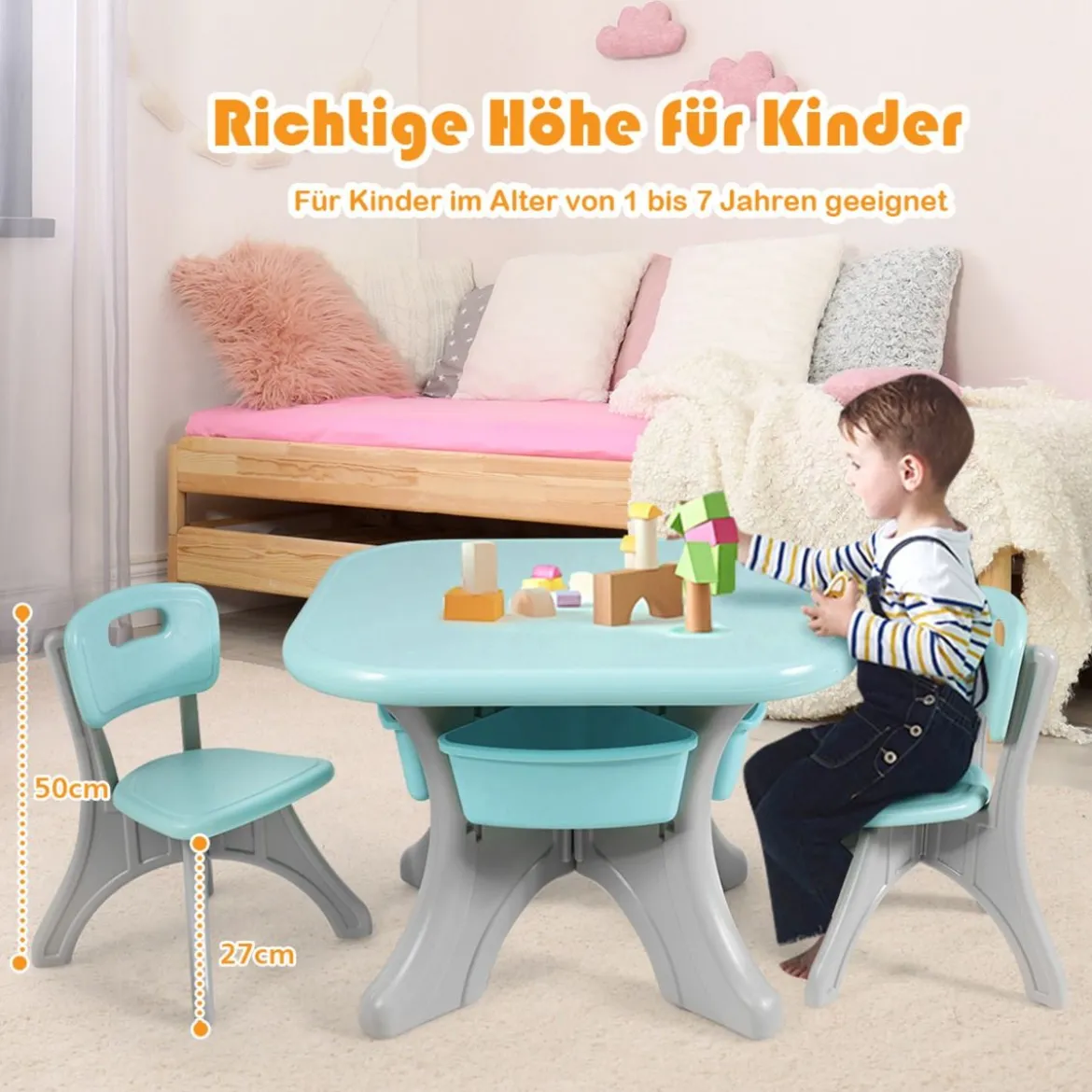 3er Set Kindersitzgruppe Leichtes Aktivitätsset für Kinder zum Malen und Spielen Tisch für Kleinkinder von 1 – 7 Jahren Grün