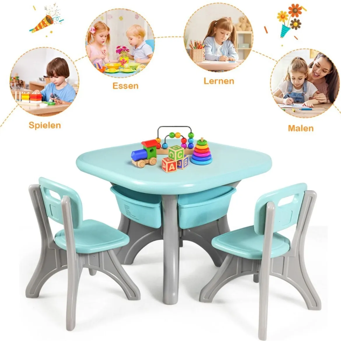 3er Set Kindersitzgruppe Leichtes Aktivitätsset für Kinder zum Malen und Spielen Tisch für Kleinkinder von 1 – 7 Jahren Grün