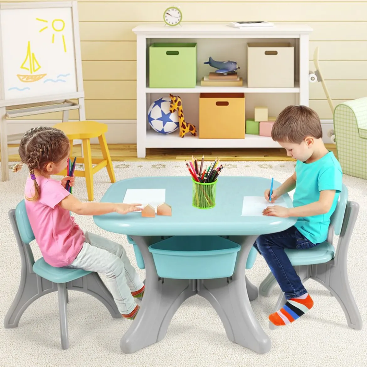 3er Set Kindersitzgruppe Leichtes Aktivitätsset für Kinder zum Malen und Spielen Tisch für Kleinkinder von 1 – 7 Jahren Grün
