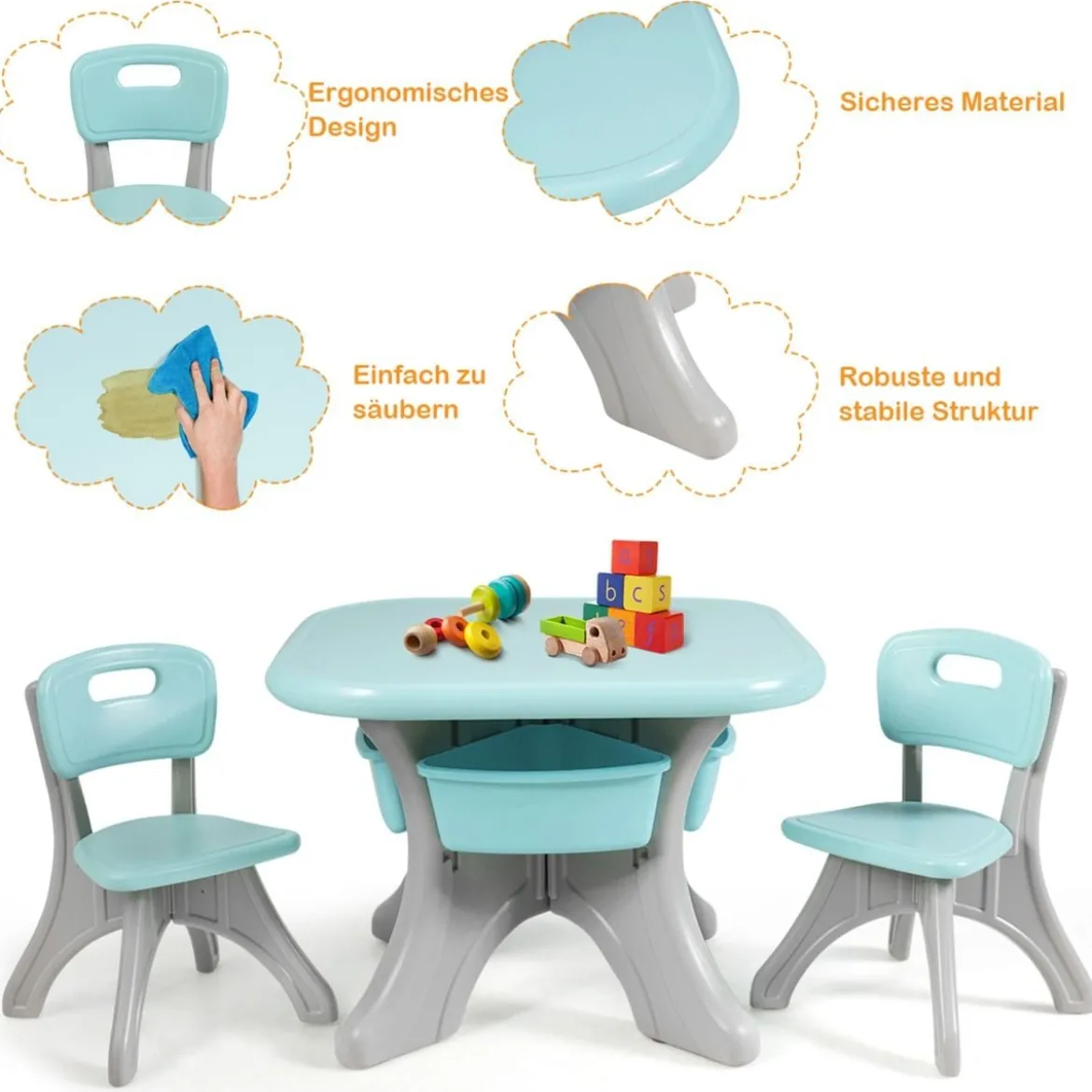 3er Set Kindersitzgruppe Leichtes Aktivitätsset für Kinder zum Malen und Spielen Tisch für Kleinkinder von 1 – 7 Jahren Grün