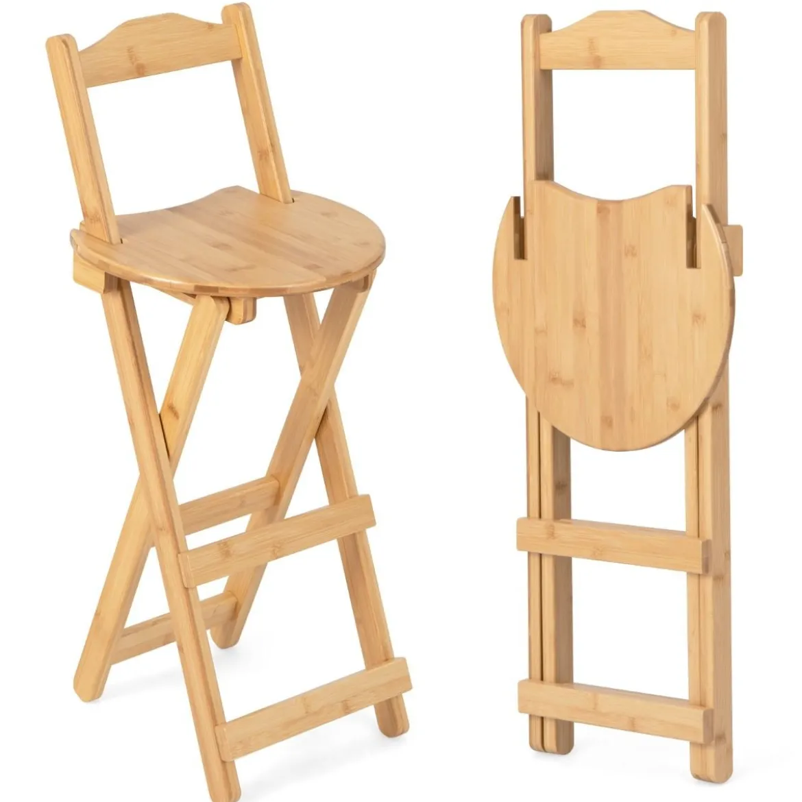 2er Set Klappbare Barhocker mit Lehne & 3 Fußstütze Tresenhocker aus Bambus Sitzhöhe 61 cm