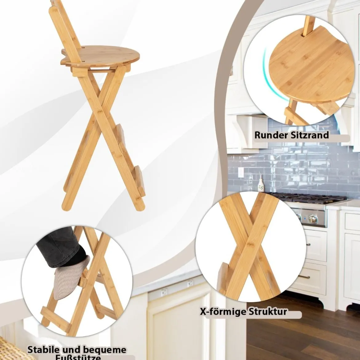 2er Set Klappbare Barhocker mit Lehne & 3 Fußstütze Tresenhocker aus Bambus Sitzhöhe 61 cm