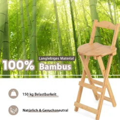 2er Set Klappbare Barhocker mit Lehne & 3 Fußstütze Tresenhocker aus Bambus Sitzhöhe 61 cm
