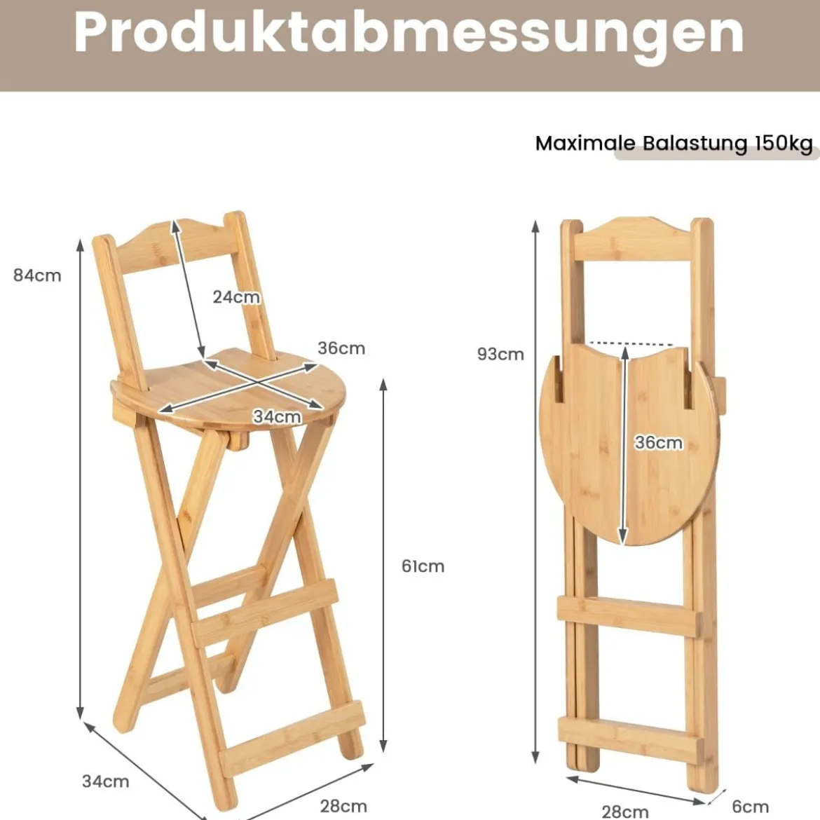 2er Set Klappbare Barhocker mit Lehne & 3 Fußstütze Tresenhocker aus Bambus Sitzhöhe 61 cm