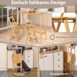 2er Set Klappbare Barhocker mit Lehne & 3 Fußstütze Tresenhocker aus Bambus Sitzhöhe 61 cm