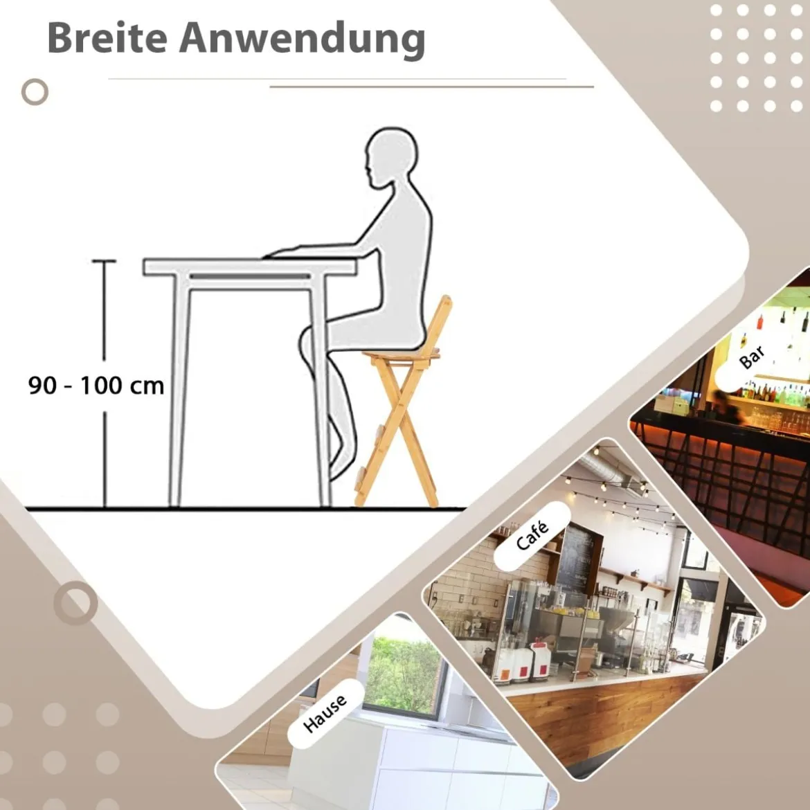 2er Set Klappbare Barhocker mit Lehne & 3 Fußstütze Tresenhocker aus Bambus Sitzhöhe 61 cm