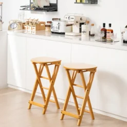 2er Set Klappbarer Barhocker aus Bambus mit Fußstütze Sitzhöhe 61 cm Natur