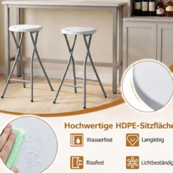 2er Set Klappbarer Barhocker mit HDPE Sitzfläche & Integriertem Tragegriff bis 150 kg Belastbar Weiß