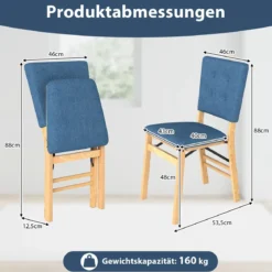 2er Set Klappbares Esszimmerstuhl armlehnlose Küchenstühle mit gepolstertem Sitz Blau