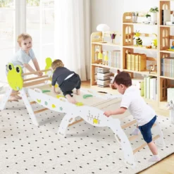 3er Set Klettergerüst mit Rutsche & Kletterbogen & Doppelseitige Rampe Kletterdreieck Weiß