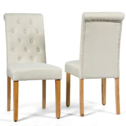 2er-Set Knopfgetuftete Esszimmerstühle gepolsterte Stoffstühle mit Gummibaumholzbeinen Beige
