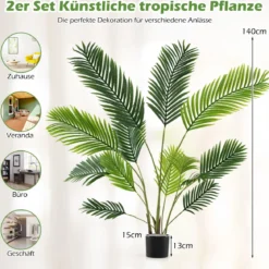 2er Set Künstliche Areca Palme 140 cm Kunstpflanze im Topf Kunstpalme mit Blättern Grün