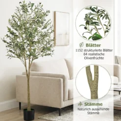 2er Set künstliche Olivenbäume 180 cm hohe künstliche Olivenpflanzen mit Kunststoff-Pflanzgefäß Grün