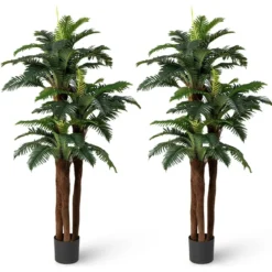 2er Set Künstliche Palmen mit Verstellbaren Blättern & 3 Echtstämme & Moos Zimmerpflanze