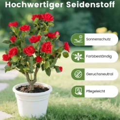 2er Set Künstliche Pflanze Rosen mit Erdspieß & Immergrünen Blättern & Stämmen Seidenblumen
