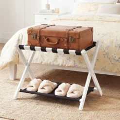 2er Set Kofferständer Klappbar Gepäckständer aus Gummibaumholz mit 2 Ablagen 67 x 46 x 52 cm Weiß