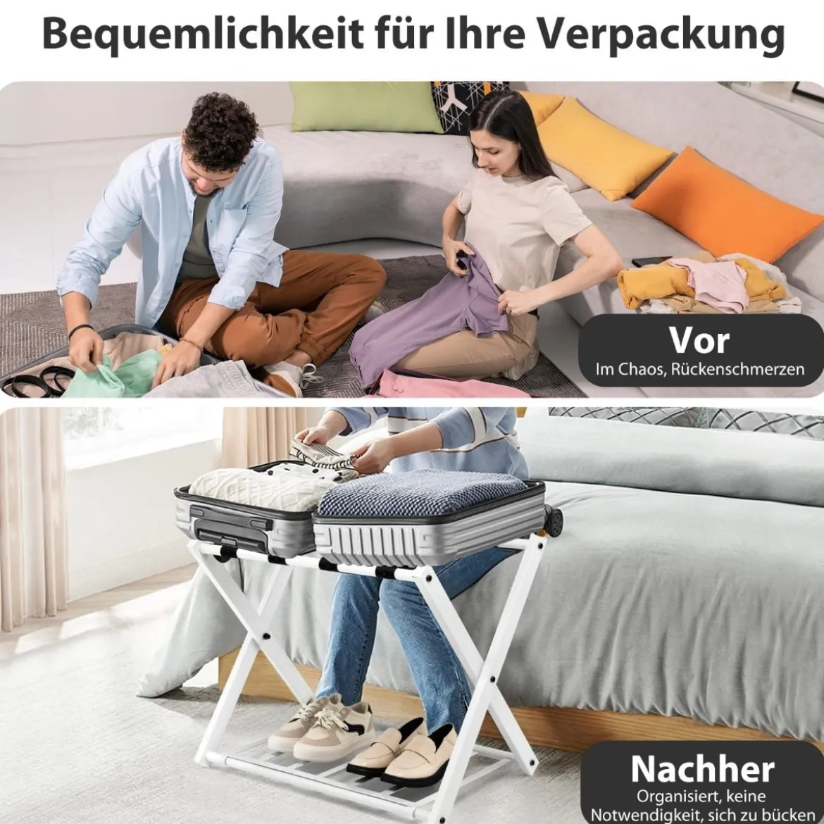 2er Set Kofferständer Klappbar Gepäckablage mit 2-Stöckiger Design Weiß