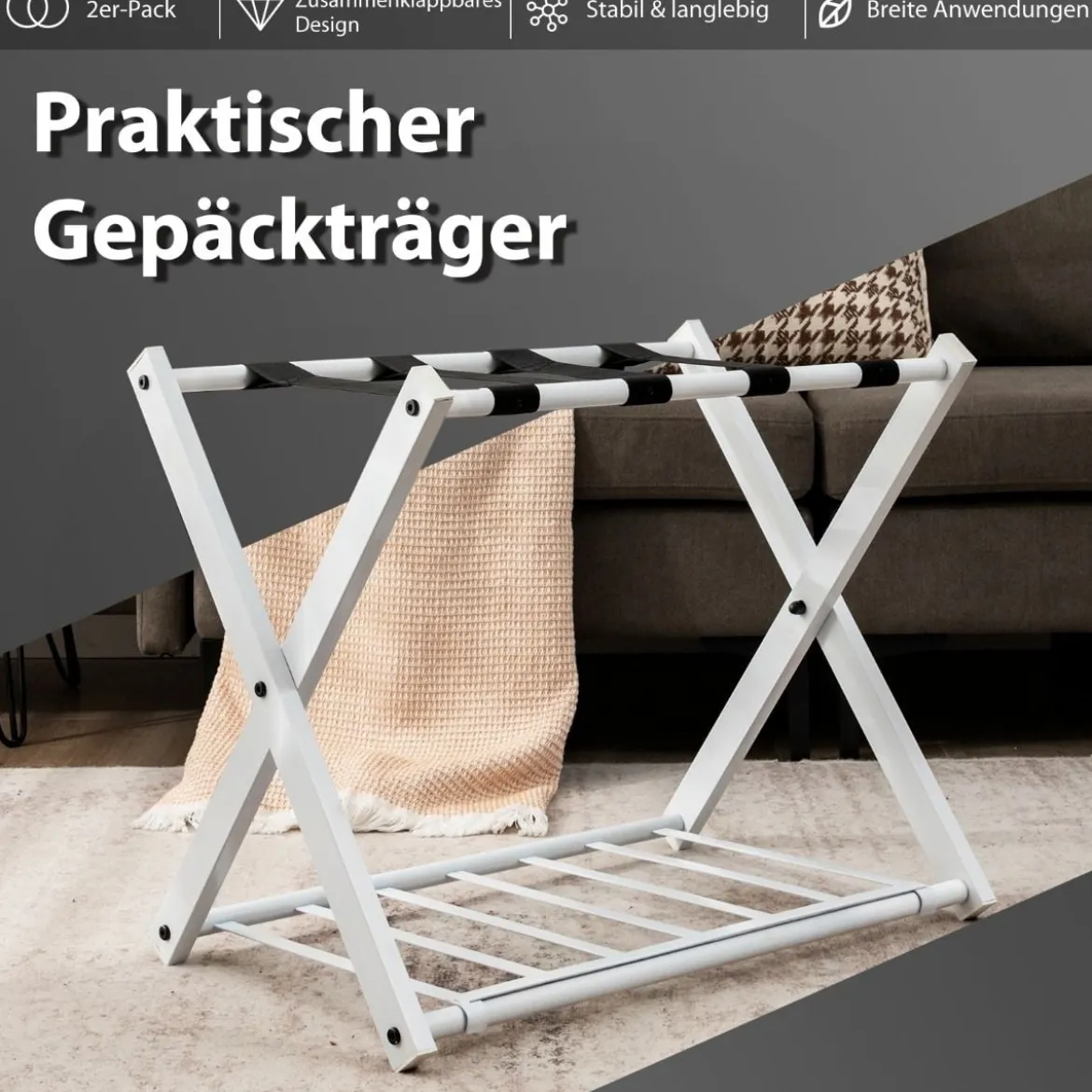 2er Set Kofferständer Klappbar Gepäckablage mit 2-Stöckiger Design Weiß