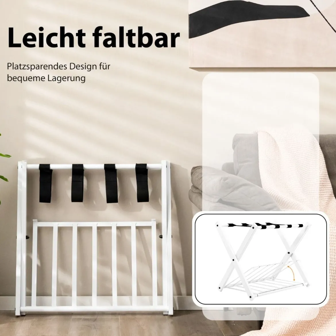 2er Set Kofferständer Klappbar Gepäckablage mit 2-Stöckiger Design Weiß