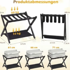 2er Set Kofferständer Klappbar Gepäckständer aus Gummibaumholz mit 2 Ablagen 67 x 46 x 52 cm Schwarz