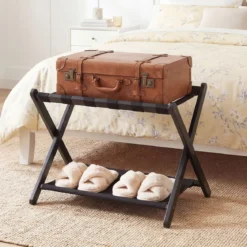 2er Set Kofferständer Klappbar Gepäckständer aus Gummibaumholz mit 2 Ablagen 67 x 46 x 52 cm Schwarz