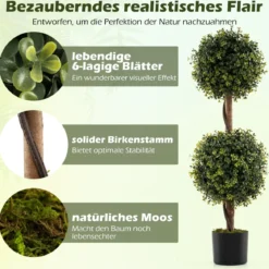 2er Set Kunstpflanze Grün Kunstbaum mit Topf & Massivem Birkenstamm Buchsbaum Topfpflanze
