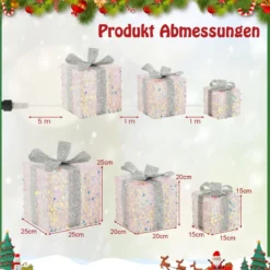 3er Set LED Geschenkboxen beleuchtete Weihnachtenboxen mit Schleifen Silber