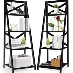 2er Set Leiterregal 4-stufig Bücherregal aus Holz Standregal Treppenregal Eckregal Schwarz