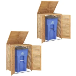 2er Set 120 L Holz Mülltonnenhaus mit Öffnendem Deckel & Doppeltüren & Abschließbarem Riegel