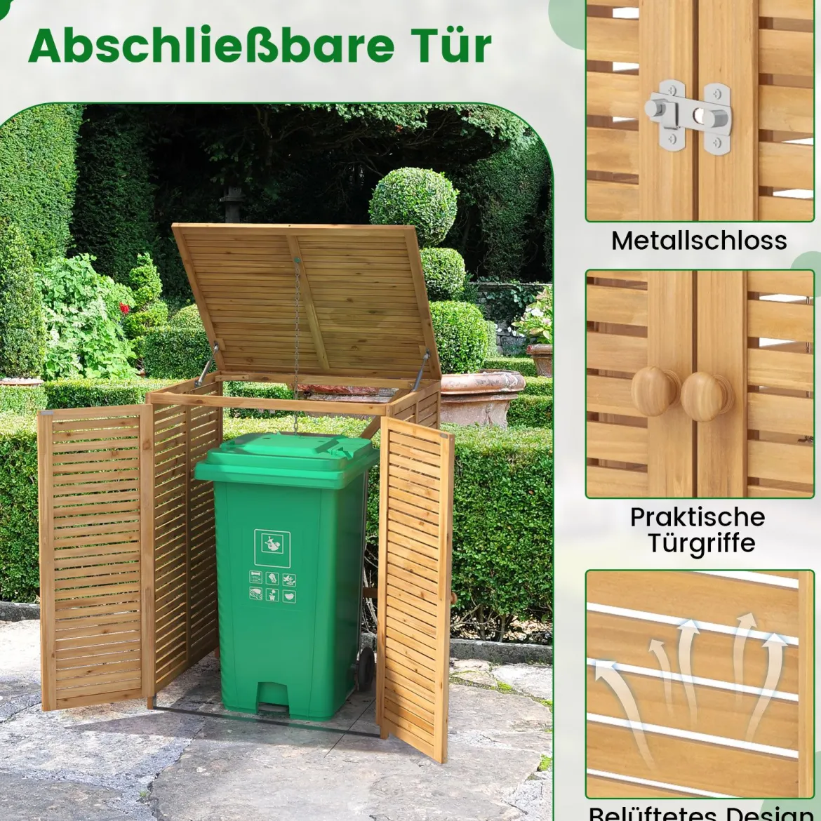 2er Set 120 L Holz Mülltonnenhaus mit Öffnendem Deckel & Doppeltüren & Abschließbarem Riegel