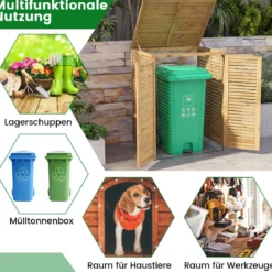 2er Set 120 L Holz Mülltonnenhaus mit Öffnendem Deckel & Doppeltüren & Abschließbarem Riegel