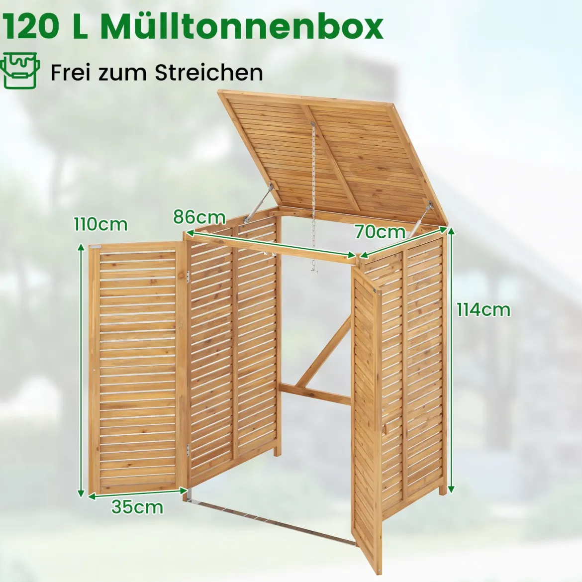 2er Set 120 L Holz Mülltonnenhaus mit Öffnendem Deckel & Doppeltüren & Abschließbarem Riegel