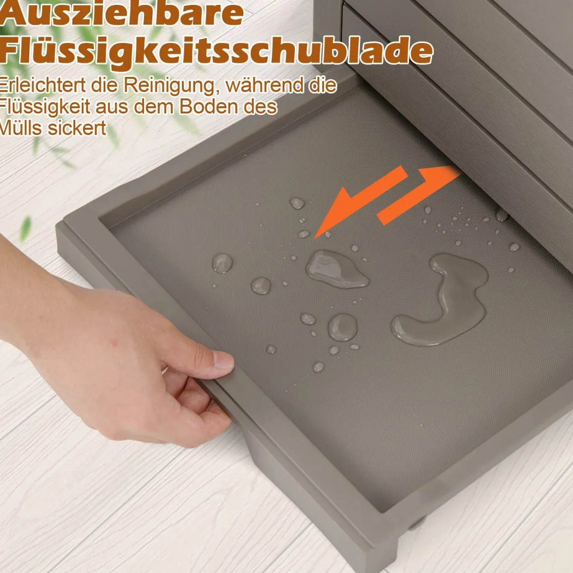2er Set 118 L Mülleimer mit Deckel & Ausziehbarer Flüssigkeitsschale & Griff Braun