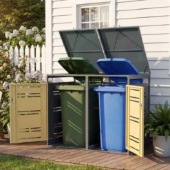 2er Set Mülltonnenbox für 2 x 120 L Mülltonne Wetterfester Gartenschuppen mit Abschließbarer Tür Grau und Gelb