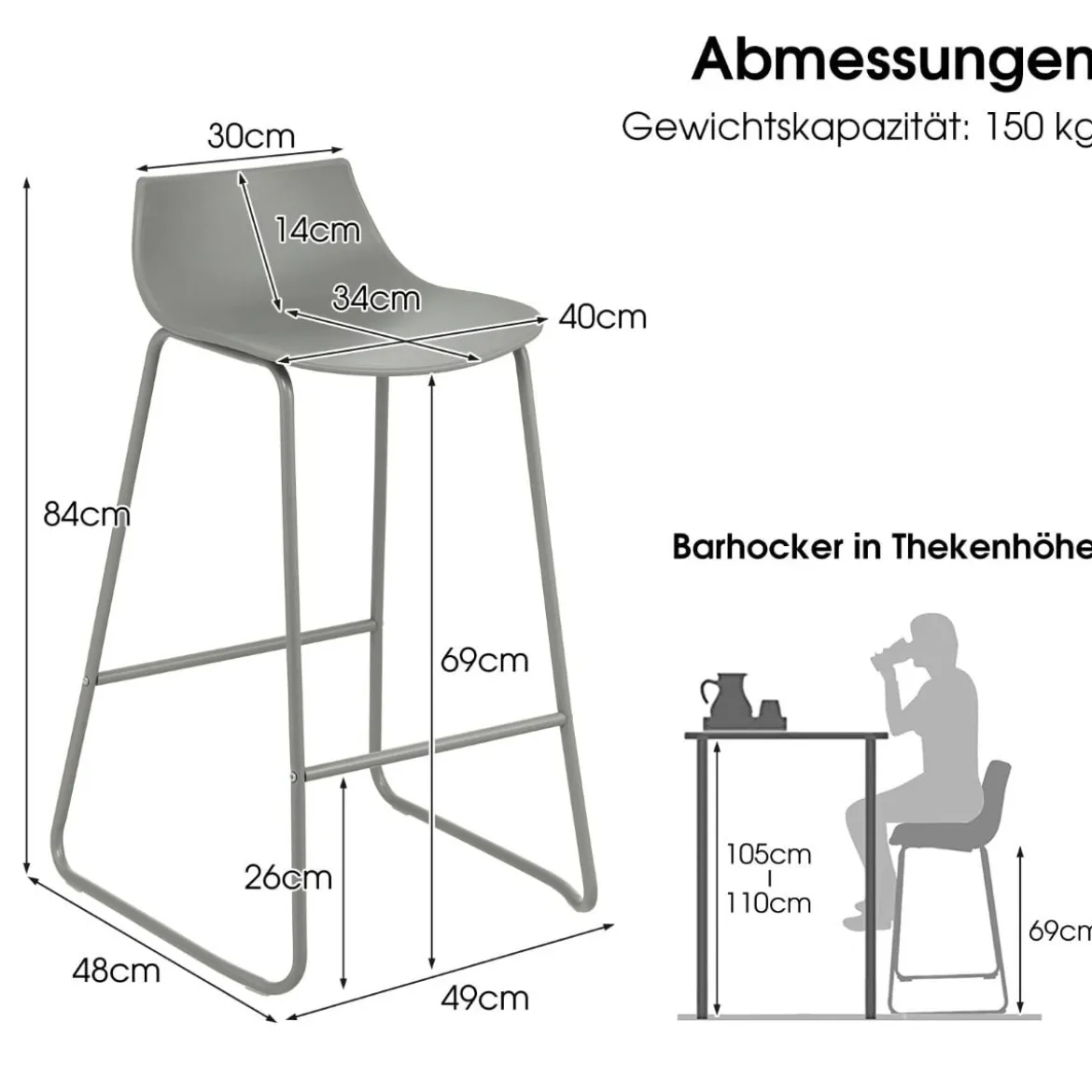 2er Set Modern Barhocker mit 69 cm Sitzhöhe & Fußstütze & Lehne Barstuhl Tresenhocker