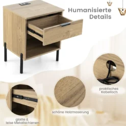 2er Set Moderner Nachttisch mit Ladestation & Schublade & Offenem Fach Beistelltisch