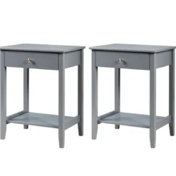2er Set Nachttisch 2 Ebenen Sofatisch mit Schublade Beistelltisch aus Holz 47,5 x 36 x 62 cm Grau