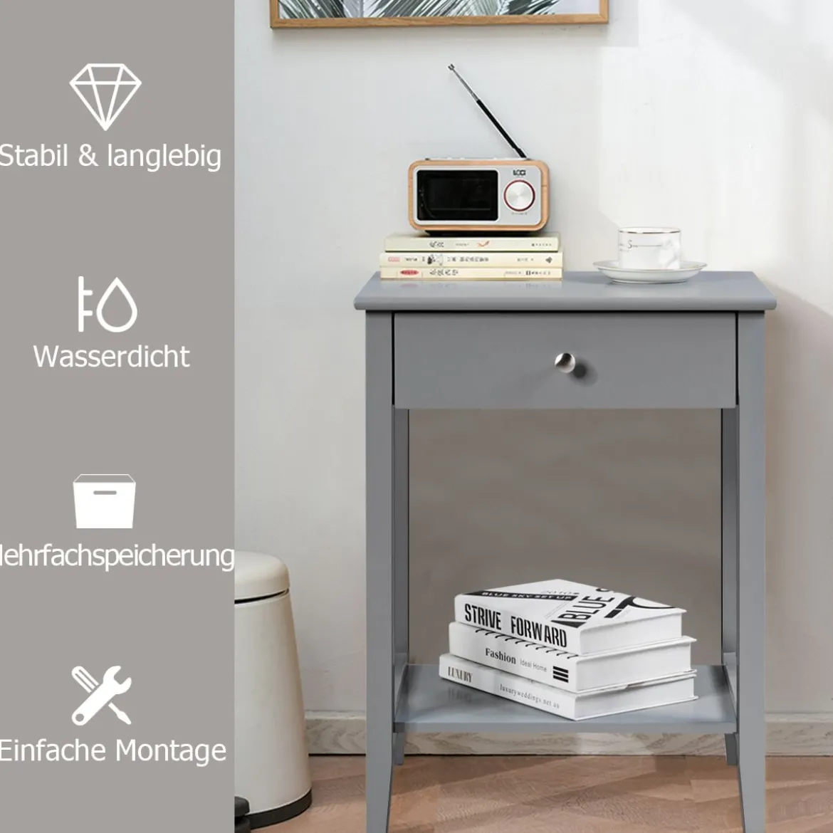 2er Set Nachttisch 2 Ebenen Sofatisch mit Schublade Beistelltisch aus Holz 47,5 x 36 x 62 cm Grau