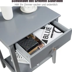 2er Set Nachttisch 2 Ebenen Sofatisch mit Schublade Beistelltisch aus Holz 47,5 x 36 x 62 cm Grau