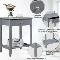 2er Set Nachttisch 2 Ebenen Sofatisch mit Schublade Beistelltisch aus Holz 47,5 x 36 x 62 cm Grau