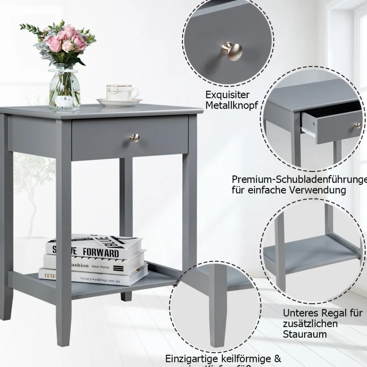 2er Set Nachttisch 2 Ebenen Sofatisch mit Schublade Beistelltisch aus Holz 47,5 x 36 x 62 cm Grau