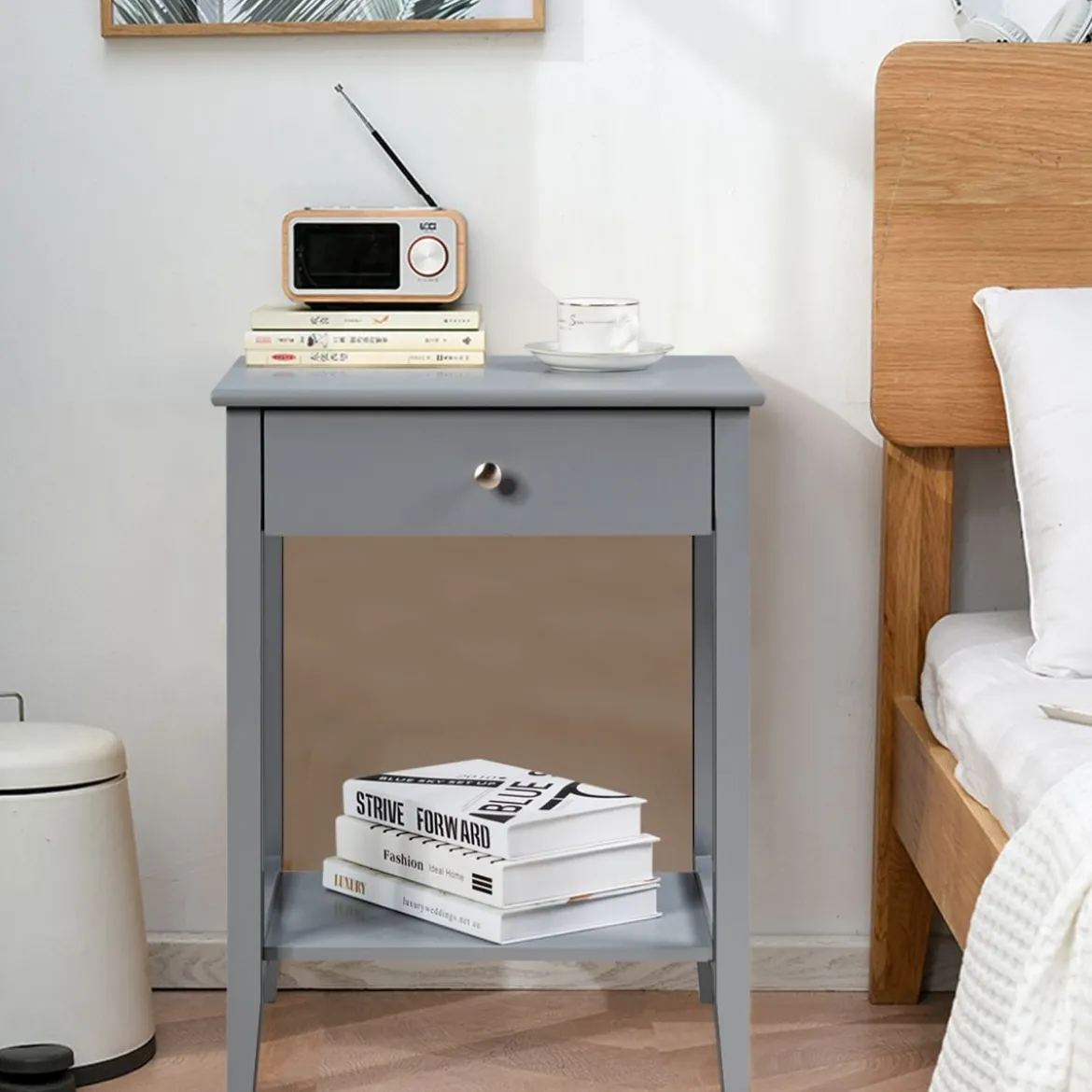 2er Set Nachttisch 2 Ebenen Sofatisch mit Schublade Beistelltisch aus Holz 47,5 x 36 x 62 cm Grau