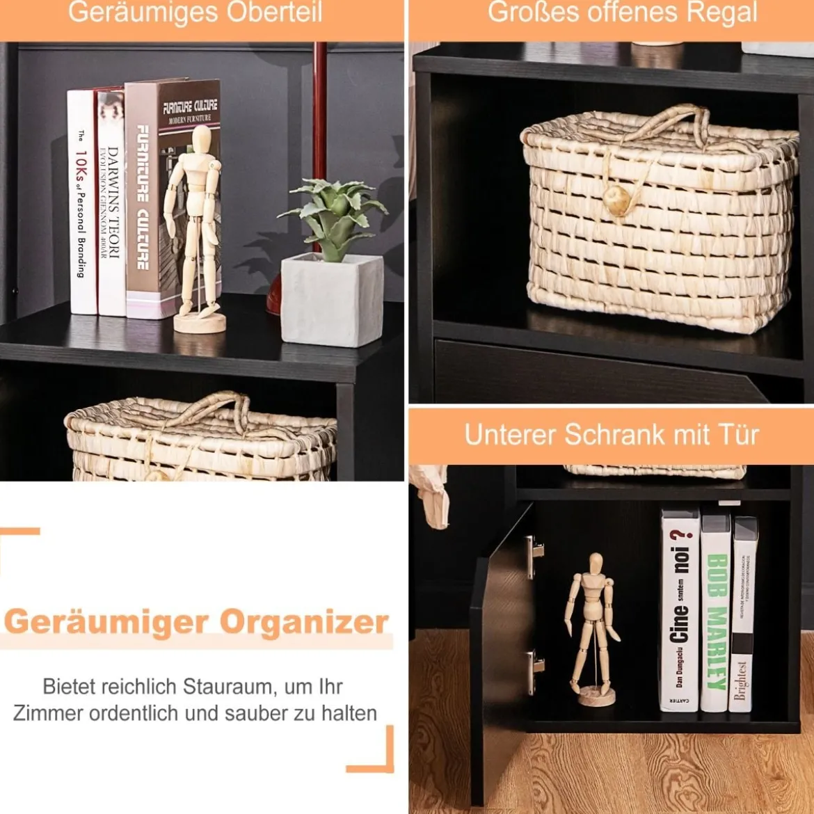 2er Set Nachttisch Holz Beistelltisch mit offenem Regal 40 x 40 x 59 cm Schwarz