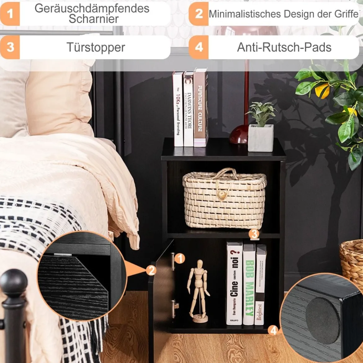 2er Set Nachttisch Holz Beistelltisch mit offenem Regal 40 x 40 x 59 cm Schwarz