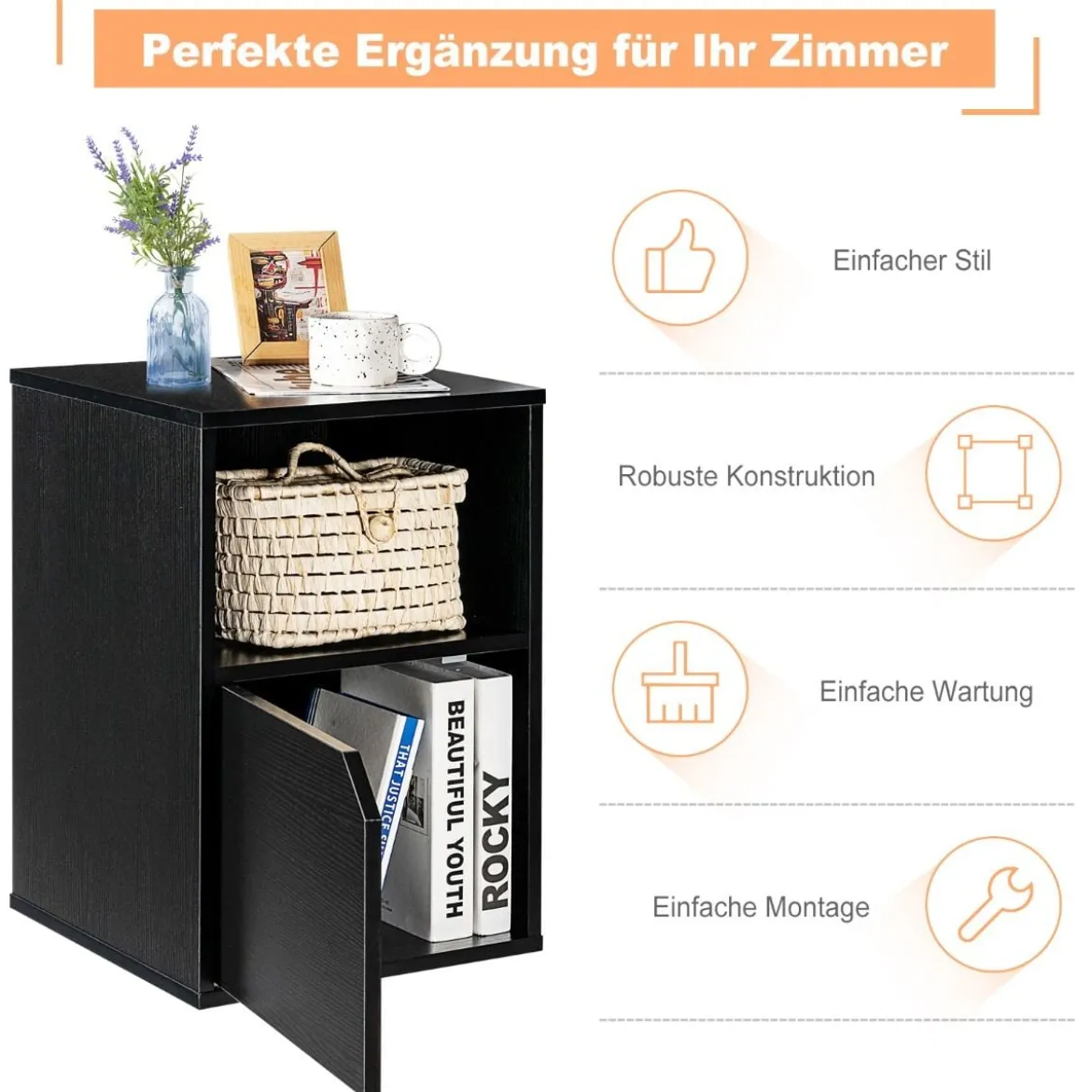 2er Set Nachttisch Holz Beistelltisch mit offenem Regal 40 x 40 x 59 cm Schwarz