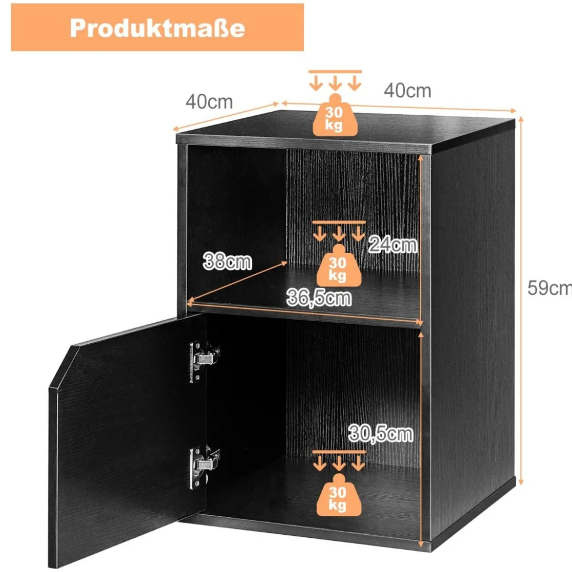 2er Set Nachttisch Holz Beistelltisch mit offenem Regal 40 x 40 x 59 cm Schwarz
