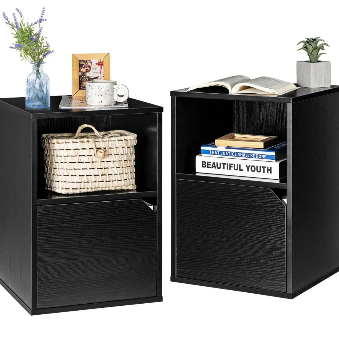 2er Set Nachttisch Holz Beistelltisch mit offenem Regal 40 x 40 x 59 cm Schwarz