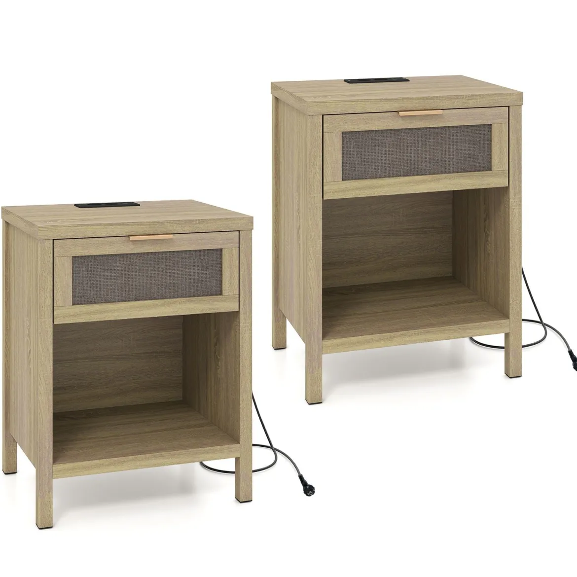 2er Set Nachttisch Holz mit Schublade Ladestation Rattanfront & Kippschutz-Set 50 x 38 x 64,5 cm Natur